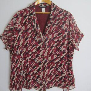 Jones New York Womens Plus 22W Maroon Red Beige Blue Camo Silk Blouse Shirt